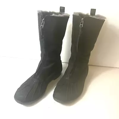 UGG Waterproof Tall Boot Black Leather Womens 8.5 Faux Fur Lining Zip Up 1012514 • $49.49