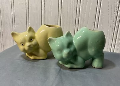 2 Vintage 1940's Morton McCoy Pottery Yellow Blue Crouching Kitten Cat Planter • $15.99