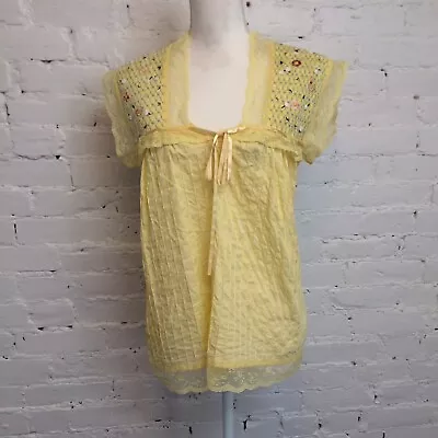 Paul & Joe Embroidered Blouse Cap Sleeve Lace Trim Yellow Size 4 • $29