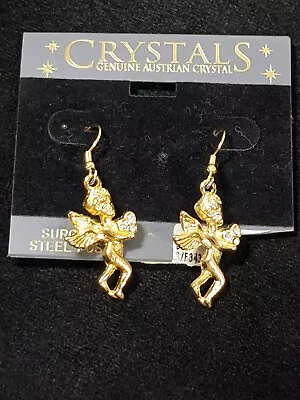 Vintage Austrian Crystal Angel Cherub Gold Tone Dangle Hook Earrings • $10.49