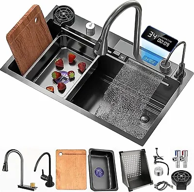 Flying Rain Stainles Steel Waterfall Kitchen Sink W Digital Faucet Black29.5INCH • $245