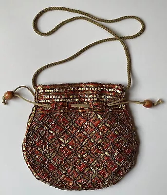 Vintage Red Silk Clutch Purse Gold Beaded Sequined Mini Bag Shoulder Strap • $21