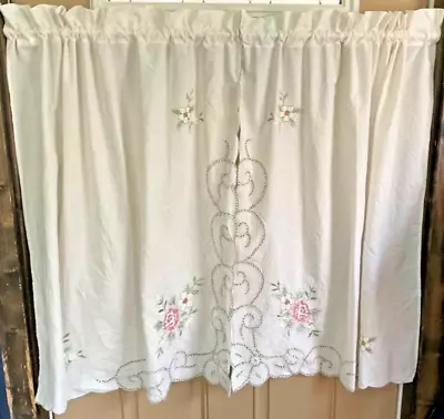 CURTAINS Cream Cross Stitch Country Cottage Vintage Floral Sage Rose Colors • $12