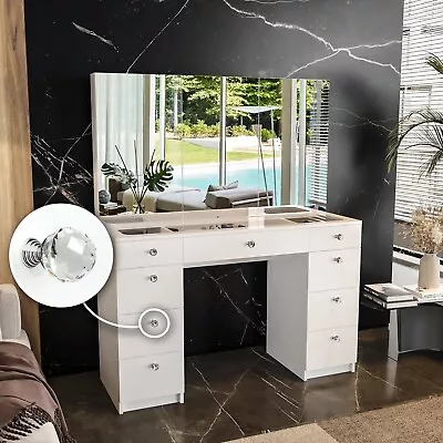 Vanity Makeup Table W/ Glass Top Mirrors Cabinet 9 Drawers Crystal Ball Knobs • $375