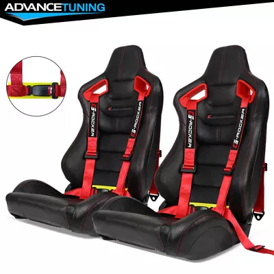 Reclinable Racing Seat Red Bezel Dual Slider PU Carbon Leather Buckle Belt X2 • $390.99