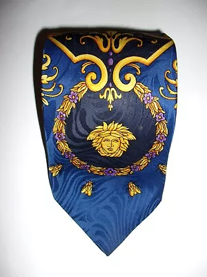 VERSACE RARE Vtg 90s Medusa Silk Tie Blue Gold Baroque Italy • $112