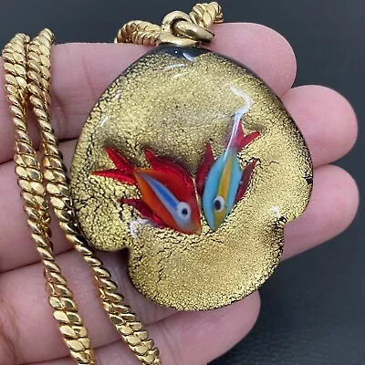 Murano Art Glass Fish Gold Foil Pendant 18” Gold-tone Necklace 43.1g. • $39.98