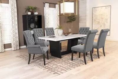 7 Pc White Marble Dining Table Grey Linen Like Chairs Dining Room Furniture Set • $1599