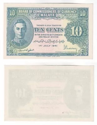 MALAYA 10 Cents Banknote (1941) P.8 - UNC • $30.46