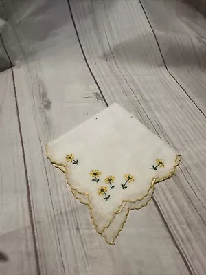 Vintage White Daisy & Yellow Border Embroidered Linen Handkerchief  • $3