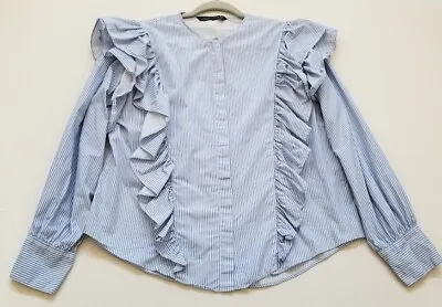 $15.99 • Buy Zara Blouse Women’s Large L Blue White Striped Long Sleeves Ruffle Button Up Top