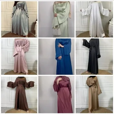 Womens Ladies Plain Satin Abaya With Belt Tie Sizes 50 52 54 56 And 58 • £19.99