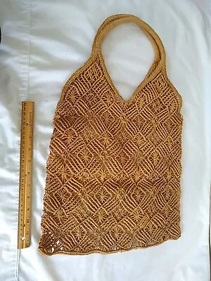 Vintage 70's Macrame Purse Shopping Tote Bag Woven Jute Brown Unlined Boho Retro • $16.99