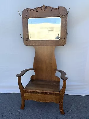 Vintage Antique Solid Oak Hall Tree Seat  With Mirror And Hat / Coat Hooks • $895