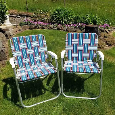 Lot Of 2 Vintage Sunbeam Aluminum Folding Webbed Beach Camp Yard Deck Chairs  • $85