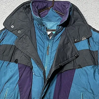 Skitique Ski Jacket Mens Large Colorblock Blue Parka Zipper Pockets Vintage 90s • $35.87