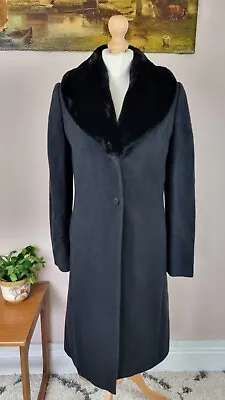 Per Una Wool Blend Coat Faux Fur Collar 10 Black Cashmere Below Knee • £26.96