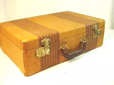 Vtg Antique Stripe Tweed  Hard Side Suitcase Luggage 18x11x6  Storage Chest FrSh • $88.99