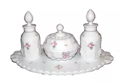 Gorgeous WESTMORELAND Paneled Grape Roses & Bows Milk Glass ~ 7 Pc Dresser Set  • $146.94