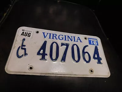 Virginia License Plate VA # 407064 Tag Expired In 2016 Handicapped • $10