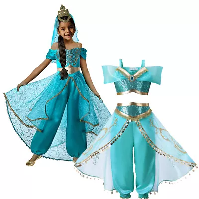 Kid Girls Jasmine Princess Cosplay Aladdin Costume Birthday Party Dress Age 4-12 • £16.18