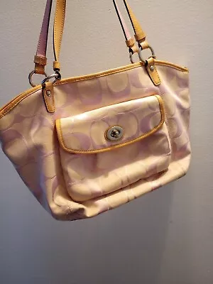 Coach F14659 Pink Leah Signature C Canvas Patent Leather Tote Shoulder Handbag  • $37.75