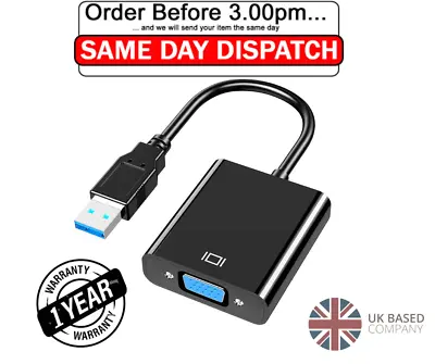 USB 3.0 A Male To VGA DISC 15 Pin Female Video Display External Cable Adapter • £6.99