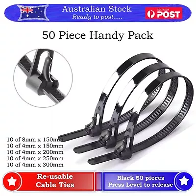 Reusable Cable Tie Wire Zip Ties Nylon Black 50 Pieces DIY Mixed Sizes • $8.95