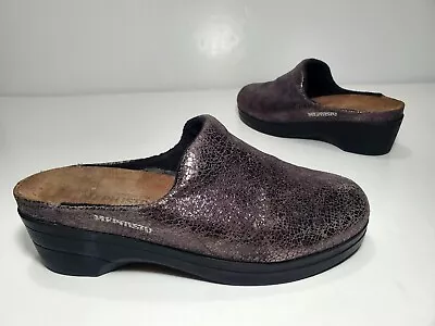 Mephisto Satty Heeled Clog Slip On Black Metallic Crush Leather Mule Womens 8/39 • $35