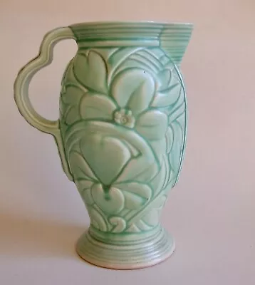 Vintage Art Deco Wade Heath Pottery Green Jug Raised Flower Design 22cm No. 144 • £14.99