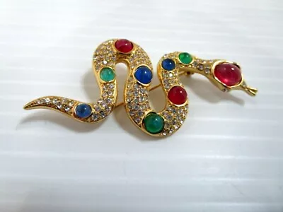 Vtg Signed Christian Dior Snake  Gold-tone Cabochons Pave Crystals Brooch Pin • $17.50