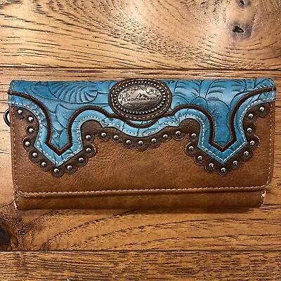 MONTANA WEST Studded Clutch Wallet Turquoise Brown Western Print • $9.50