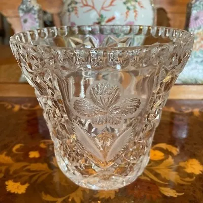 Vintage Pressed Glass Vase Cachepot Ice Bucket Frosted Flower Etched EUC • $45