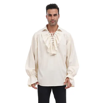 Men Pirate Shirt Medieval Scottish Lace Up Costume Renaissance Viking Shirt Tops • $21.99