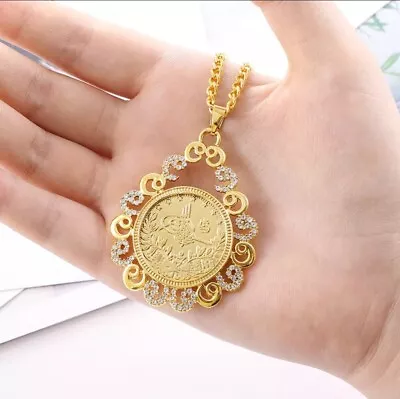 18k Gold Plated Dubai Coin Necklace Big Pendant Arab African Kundan Gold Jewelry • $32.99