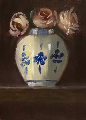 Roses In Delft Vase Original Miniature Flower Still Life Oil Painting ACEO ATC • $5.50