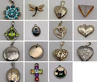 Vintage Sterling Silver Pendants Lot-15 Heart Lockets Cross Dragonfly • $10