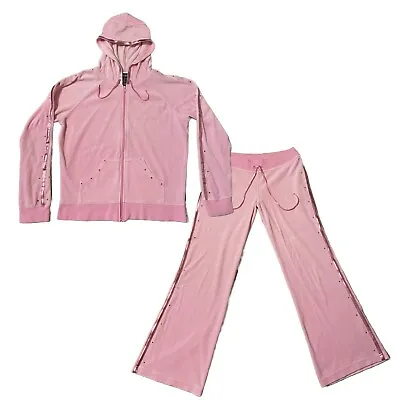 Y2K McBling Matching Two Piece Pink Velour Tracksuit Rhinestones Bisou Bisou M/L • $35
