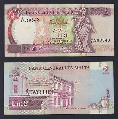 Banknote Malta 2 Liri 1989 P 41a BB / VF C-10 • $9.15