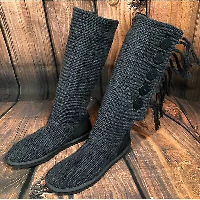 UGG #1878 Gray Knit Tall Boots Fringe Button Accents Womens 9 / 40 (d5o • $29.99