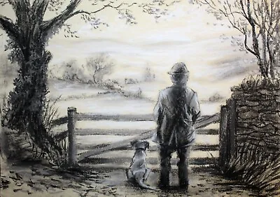 Man And Dog Countryside Stone Wall Wooden Gate Pets Farming Original Drawing A3 • £60