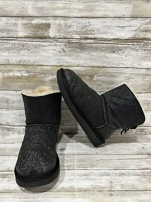 UGG Mini Bailey Bow Sparkle Women Black Sparkle Sherpa Lining Boots 1100053 Sz 9 • $56.78