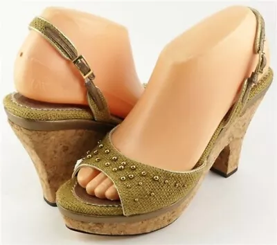 $210 C. LABEL RUMBA Brown Gold Canvas Designer Platform Wedge Sandals 8  • $35.99