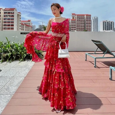 $59.49 • Buy Designer Indian Printed Georgette Lehenga Saree, Bollywood Lengha Sari 200
