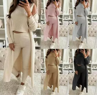 Women 3 Piece Roll Neck Chunky Knitted Tracksuit Ladies Ribbed Lounge Wear Set • £20.99