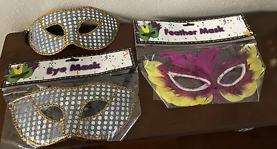Lot Of 3-Halloween Masks Masquerade Masks ￼ ￼ Mardi GrasSequins Feather New • $6.80