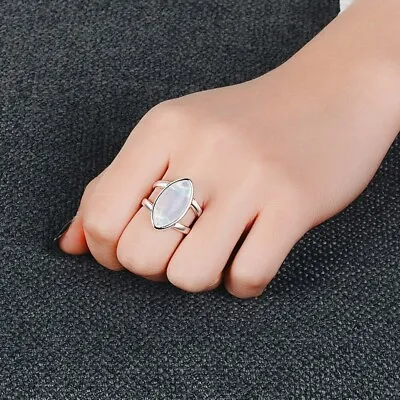 925 Sterling Silver Ring Marquise Natural Moonstone Gemstone Women Girls Ring UK • £3.99