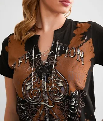 Affliction Women's AC “DEATH SPADE CHROME” Rhinestone Lace-up T-shirt NWT • $67.92