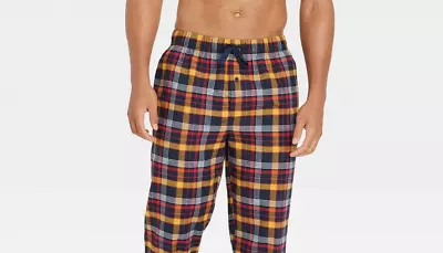 Goodfellow Mens Flannel Pajama Pants Pockets Lounge L Blue Red Gold Plaid  • $18.45