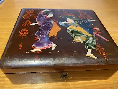 Vintage Japanese Laquered Box With Dancing Ladies 18 X 15.5 X 5.5cm Some Wear • £7.20